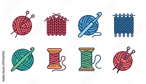 A colorful vector icon set for knitting and crochet hobbies. Includes yarn, needles, hooks, and thread. Perfect for craft blogs, shops, or DIY projects.