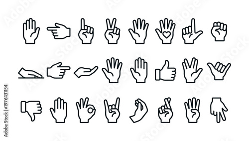 A set of various hand gestures line icons. Includes common signs like thumbs up, peace, and ok. Perfect for UI, web design, and communication concepts. Vector.
