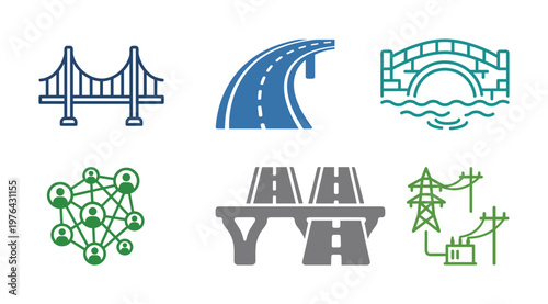 Collection of modern vector icons. This set includes infrastructure symbols like bridges, roads, social network, and an electrical grid for web or app design.