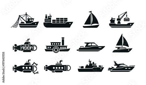 A set of black vector icons showing various water transport: ship, boat, submarine, yacht. Minimalist silhouettes for marine, travel, and logistics design.