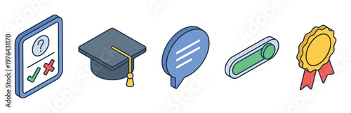 Set of 3D isometric icons for e-learning and achievement. Includes quiz, graduation, chat, and award symbols. Perfect for modern web design and app interfaces.