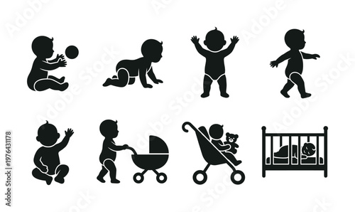 A collection of black baby silhouette icons. Shows newborn and toddler activities like crawling, walking, playing, and sleeping. Vector set for parenting concepts.