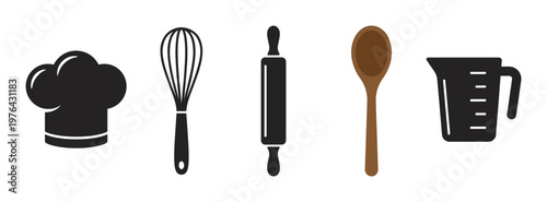 A simple vector set of kitchen and baking utensil icons. Includes chef hat, whisk, rolling pin, spoon, and measuring cup. Perfect for culinary logos or menus.