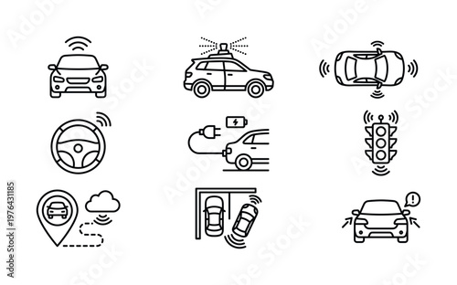 Set of line icons for smart car and autonomous driving. Includes electric car charging, navigation, and sensor technology. Vector symbols for web and infographics.