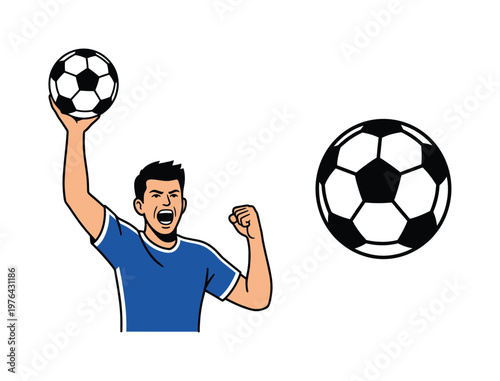 Vector illustration of a celebrating soccer player in a blue shirt holding a ball and shouting. Includes a separate ball icon. Perfect for sports logos or fan designs.