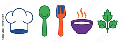 A set of colorful food and cooking icons. Includes a chef hat, cutlery, hot soup, and parsley. Perfect for restaurant menus, culinary blogs, or food apps.
