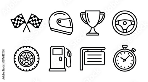A simple line icon set for racing and motorsport themes. Includes flag, helmet, trophy, and wheel. Perfect for web, app, or print design. Vector illustration.