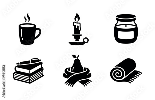 A set of black vector icons for a cozy hygge lifestyle. Includes a hot drink, candle, books, and blanket. Perfect for autumn or winter themes and relaxation concepts.