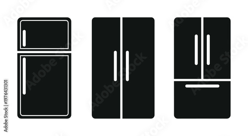 Set of black refrigerator icons. Minimalist vector illustration of various kitchen appliances like fridges and freezers. Perfect for web design or home logos.
