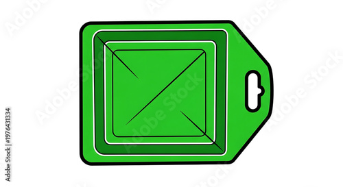 A green square icon with a hole for hanging, featuring a modern design and vibrant color