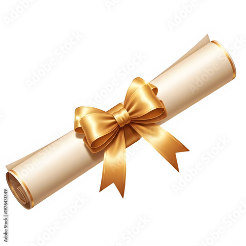 Gold ribbon tied around rolled parchment isolated on transparent background