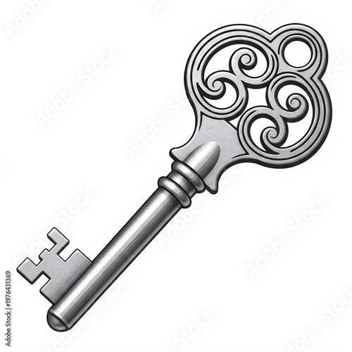 Antique silver key ornate design isolated on transparent background