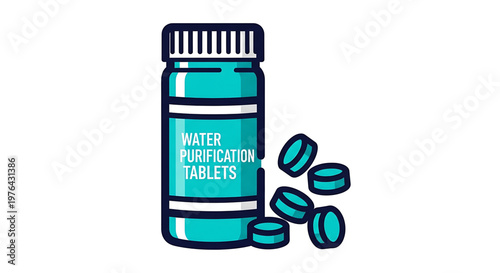 A vector graphic illustration of a teal water purification tablet bottle with scattered tablets