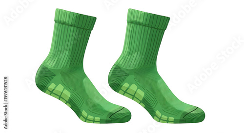 A pair of green socks on a white background, showcasing a ribbed design and arch support