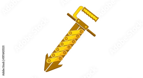 A golden sword with a unique design and arrowhead tip is displayed prominently