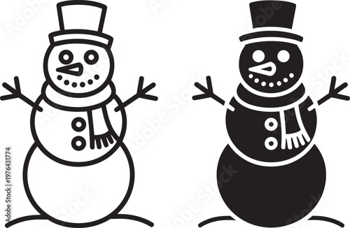 2 snowman icons with top hats and scarves in a simple flat black vector line art graphic style