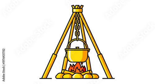 A vector graphic illustration of a traditional camping cooking pot over a campfire