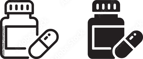 Medicine bottle and capsule pill icons in outline and solid flat glyph styles for healthcare