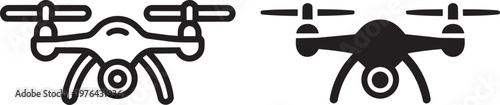 Quadcopter drone icons featuring 4 rotors and camera in outline and solid silhouette styles