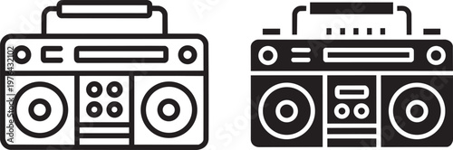 Two retro boombox radio players with handles and speakers, simple line art icons