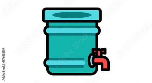 A vector graphic illustration of a teal water cooler with a red faucet on a white background
