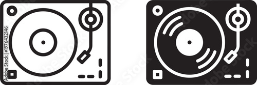 Two turntable icons featuring vinyl records and audio equipment, presented with a clean
