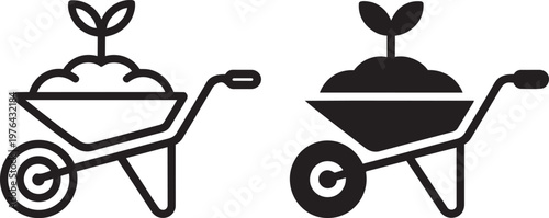 Wheelbarrow with soil and a growing sprout icons in outline and solid black minimalist style