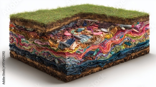 Soil cross section filled with discarded clothing layers, exposing hidden textile waste, fast fashion pollution, and landfill accumulation.