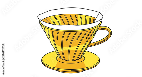 A vibrant yellow pour-over coffee maker with a white rim and handle on a matching saucer