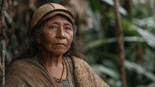 Indigenous land defender standing at dawn at the forest boundary, traditional woven garment contrasting with a hard hat and protest banner, chainsaws audible from the clearing behind dense green