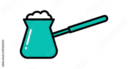 A vibrant teal-colored coffee pot icon with a long handle and foamy top, designed in a modern flat style