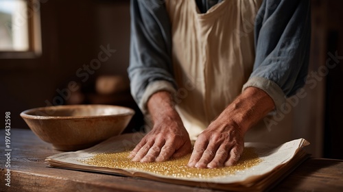 Close up of a farmer's hands pressing moistened seeds flat between two sheets of damp newsprint, a vintage ceramic bowl and seed catalog open on a hewn wood bench beside them, afternoon barn light