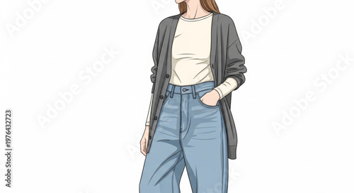 Casual Woman Wearing Cardigan White Top And Jeans.
