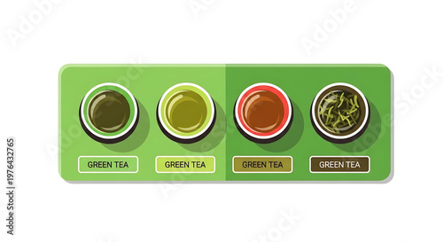 A vector graphic illustration of four different green tea colors in cups on a green background