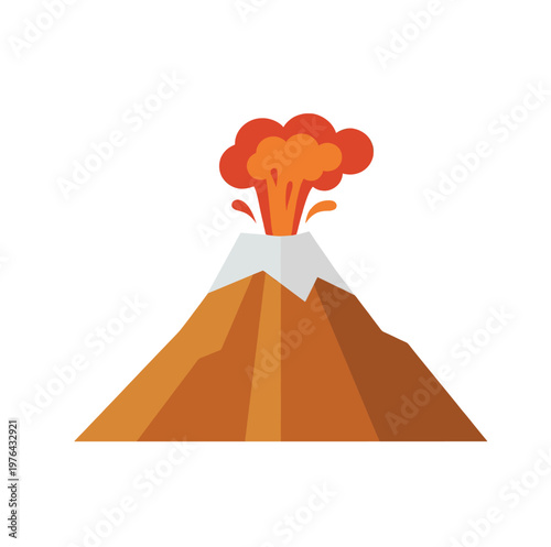 Erupting volcano icon with molten lava and smoke cloud flat design