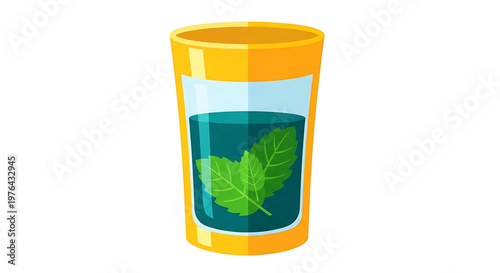 A vibrant yellow cup filled with green tea leaves in a clear liquid on a white background