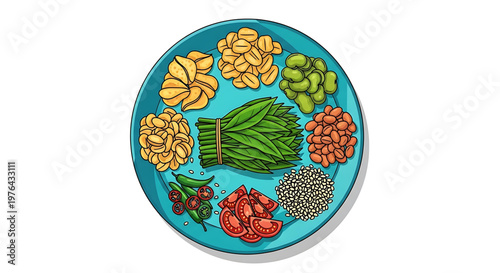 A vibrant vector illustration of a healthy plate of food with various vegetables and grains