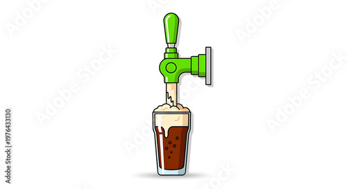 A vector graphic illustration of a green beer tap pouring into a glass filled with dark beer and foam.