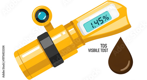 A digital illustration of a yellow TDS meter with a screen displaying 1.45% and a brown water droplet
