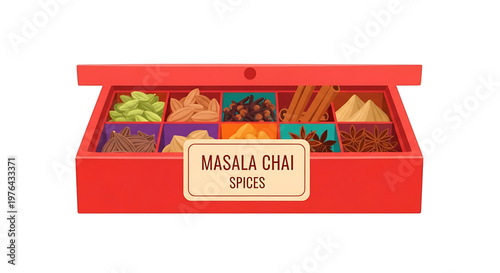 A vibrant illustration of a red box filled with various Masala Chai spices