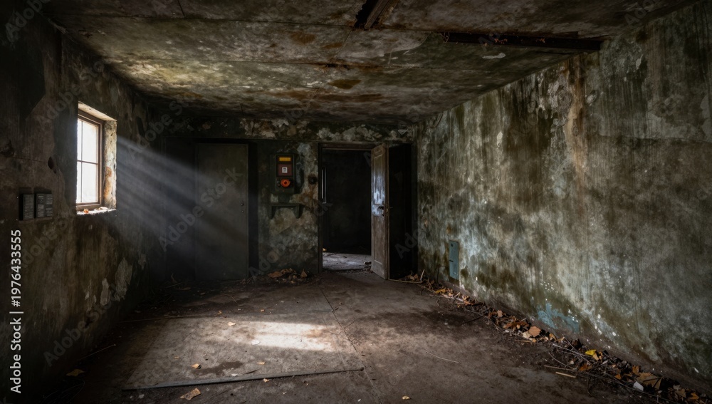 Obraz premium Abandoned Concrete Room Interior with Sunlight Through Window
