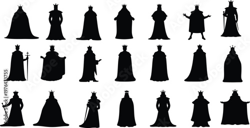 Collection of black silhouettes of kings and queens in royal robes and crowns royalty