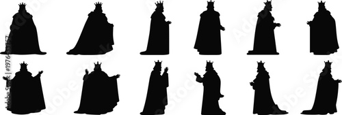 Collection of black silhouettes of kings in various poses, wearing crowns and robes white background