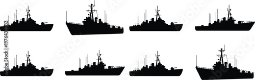 Eight black silhouettes of warships and destroyers on white background, navy military