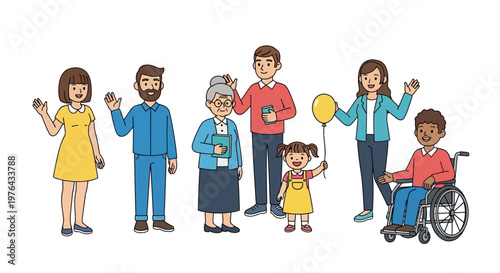 Happy Extended Family Group Cartoon Vector, Children with Balloon and Grandparents Outdoor Concept