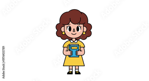 Cute Cartoon Girl Character in Yellow Dress Holding Camera, Kawaii Style Vector Mascot Illustration