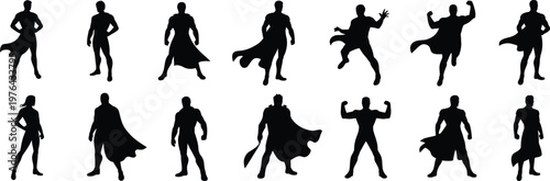 Collection of black silhouettes of superheroes in various poses on white background
