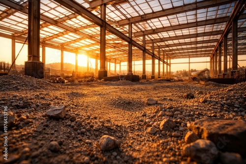 Industrial construction site during golden hour, metal framework.