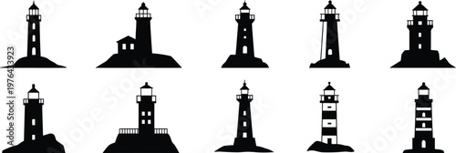 Collection of lighthouse silhouettes, maritime coastal navigation beacons vector illustration isolated on white