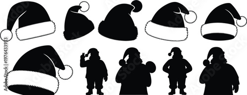Collection of black silhouette santa claus hats and figures on white background, santa hat